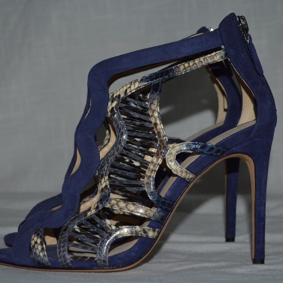 Sz 36.5 6 Alexandre Birman Navy Suede Snakeskin Detail Zip Pumps Heels - Picture 1 of 7